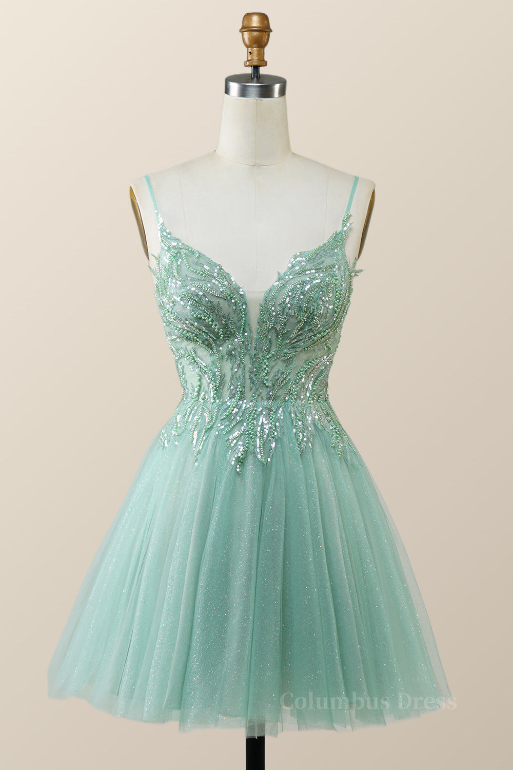 Prom Dresses 2023, Straps Mint Green Tulle A-line Short Homecoming Dress