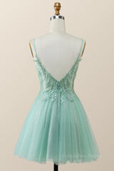 Prom Dresses Outfits, Straps Mint Green Tulle A-line Short Homecoming Dress