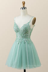 Prom Dresses Casual, Straps Mint Green Tulle A-line Short Homecoming Dress