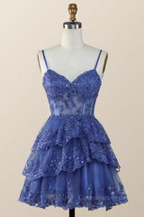 Party Dress Website, Straps Navy Appliques Tiered Layered Short Princess Dress