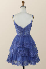 Party Dresses Website, Straps Navy Appliques Tiered Layered Short Princess Dress