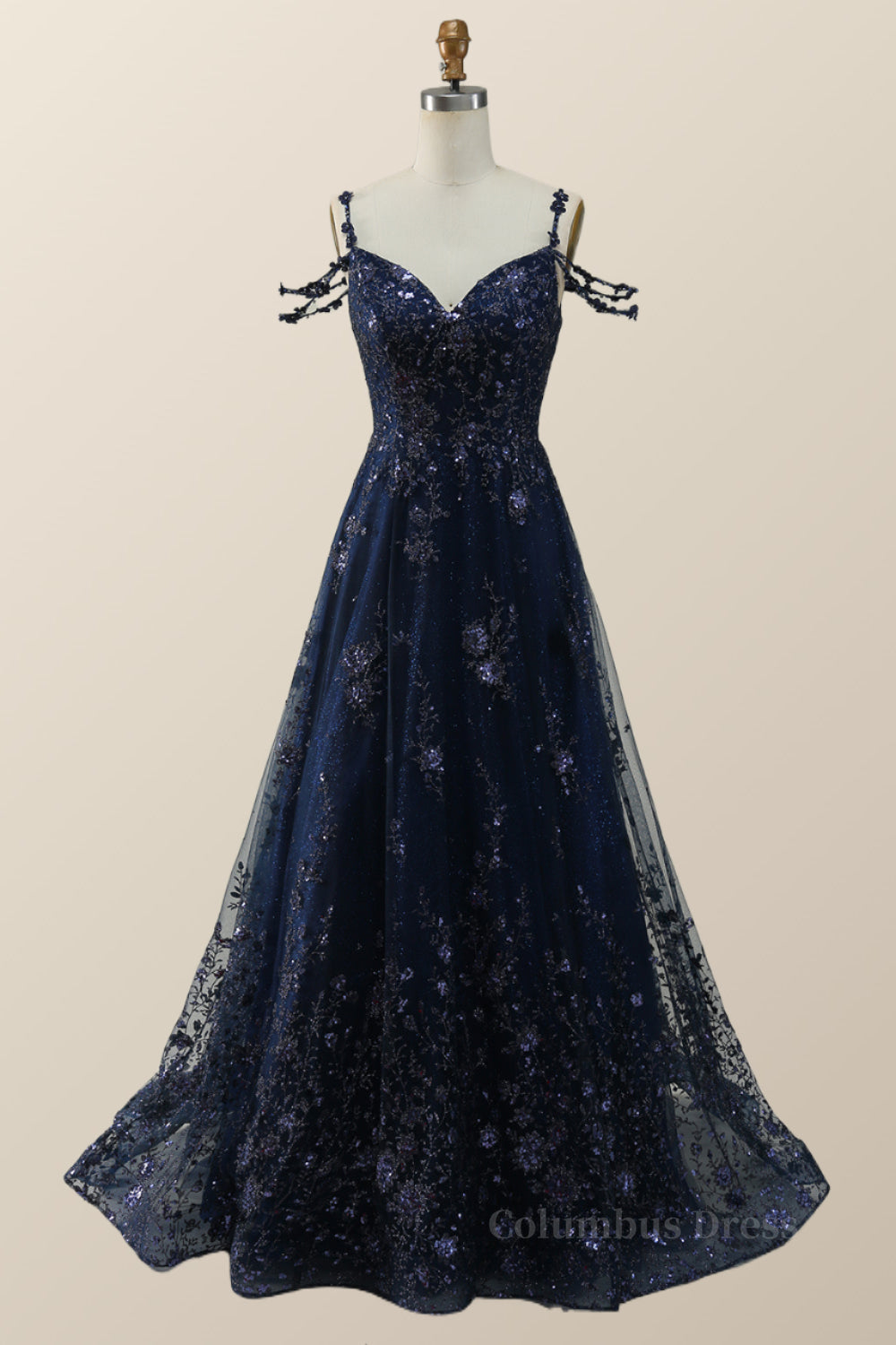 Party Dresses With Sleeves, Straps Navy Blue Embroidery A-line Long Formal Dress