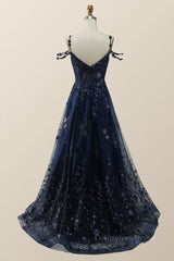 Party Dresses Fall, Straps Navy Blue Embroidery A-line Long Formal Dress