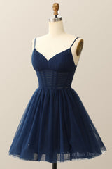 Prom Aesthetic, Straps Navy Blue Pleated A-line Homecoming Dress