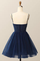 Design Dress Casual, Straps Navy Blue Pleated A-line Homecoming Dress