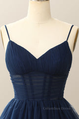 Sweater Dress, Straps Navy Blue Pleated A-line Homecoming Dress