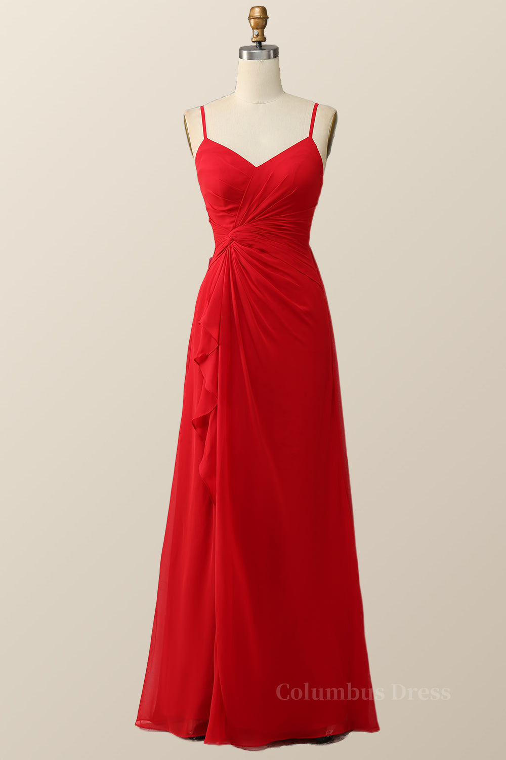 Prom Dresses Boho, Straps Red Twisted Chiffon Long Bridesmaid Dress