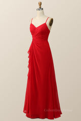 Prom Dresses For Black, Straps Red Twisted Chiffon Long Bridesmaid Dress
