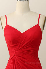 Prom Dresses Suits Ideas, Straps Red Twisted Chiffon Long Bridesmaid Dress