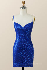 Party Dress Short Tight, Straps Royal Blue Sequin Tight Mini Dress