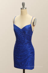 Party Dresses Short Tight, Straps Royal Blue Sequin Tight Mini Dress
