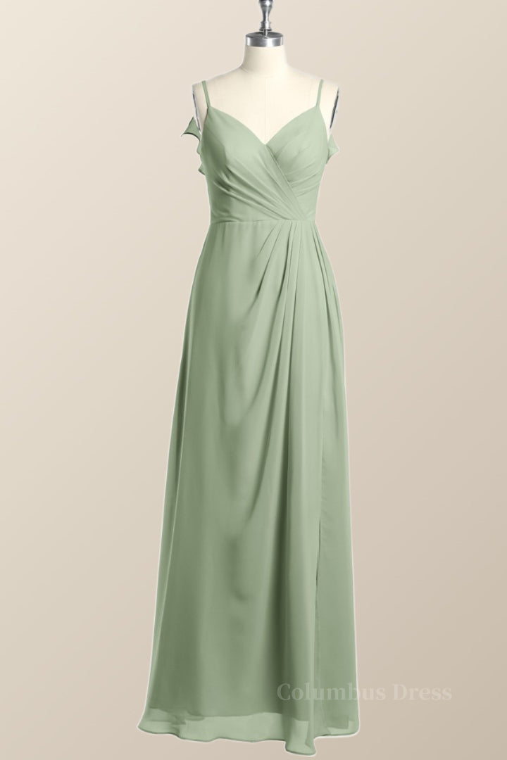Prom Dresses Sale, Straps Sage Green Chiffon Long Bridesmaid Dress with Open Back