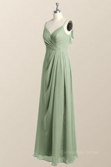 Prom Dress Sales, Straps Sage Green Chiffon Long Bridesmaid Dress with Open Back