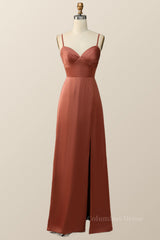Prom Dresses Classy, Straps Terracotta A-line Empire Long Bridesmaid Dress