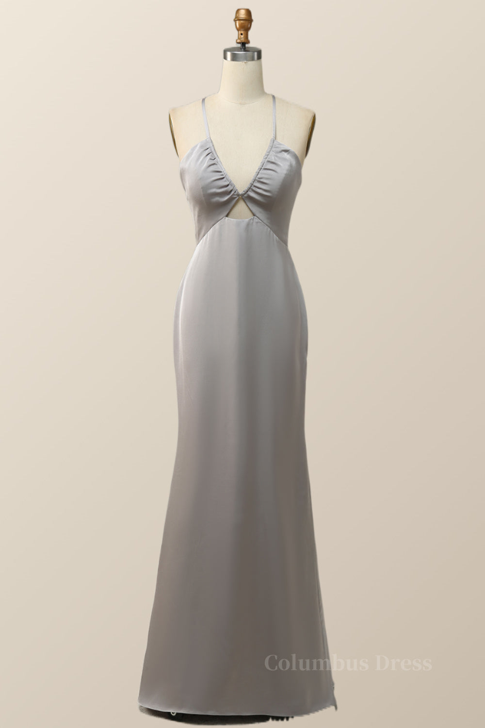 Prom Dress With Pocket, Straps V Neck Grey Boho Long Bridesmaid Dress