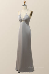 Prom Dresses With Pockets, Straps V Neck Grey Boho Long Bridesmaid Dress
