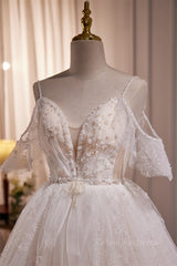 Prom Dress Backless, Straps White Tulle Tiered Tulle Formal Gown