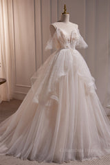 Prom Dress 2024, Straps White Tulle Tiered Tulle Formal Gown