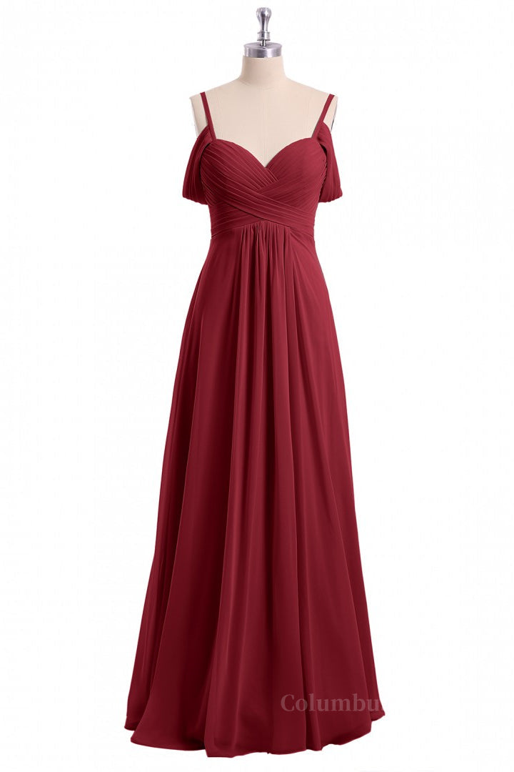 Gala Dress, Straps Wine Red A-line Pleated Chiffon Long Bridesmaid Dress