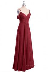 Rustic Wedding Dress, Straps Wine Red A-line Pleated Chiffon Long Bridesmaid Dress