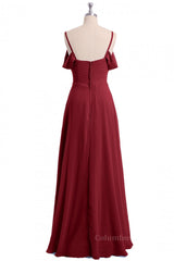Summer Wedding Color, Straps Wine Red A-line Pleated Chiffon Long Bridesmaid Dress