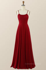 Party Dress Inspiration, Straps Wine Red Chiffon A-line Long Bridesmaid Dress