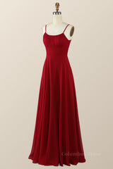 Party Dress Trends, Straps Wine Red Chiffon A-line Long Bridesmaid Dress