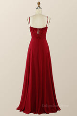 Party Dresses Ladies, Straps Wine Red Chiffon A-line Long Bridesmaid Dress