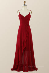 Party Dresses Online, Straps Wine Red Chiffon Ruffle A-line Long Bridesmaid Dress