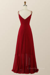Party Dress Ideas, Straps Wine Red Chiffon Ruffle A-line Long Bridesmaid Dress