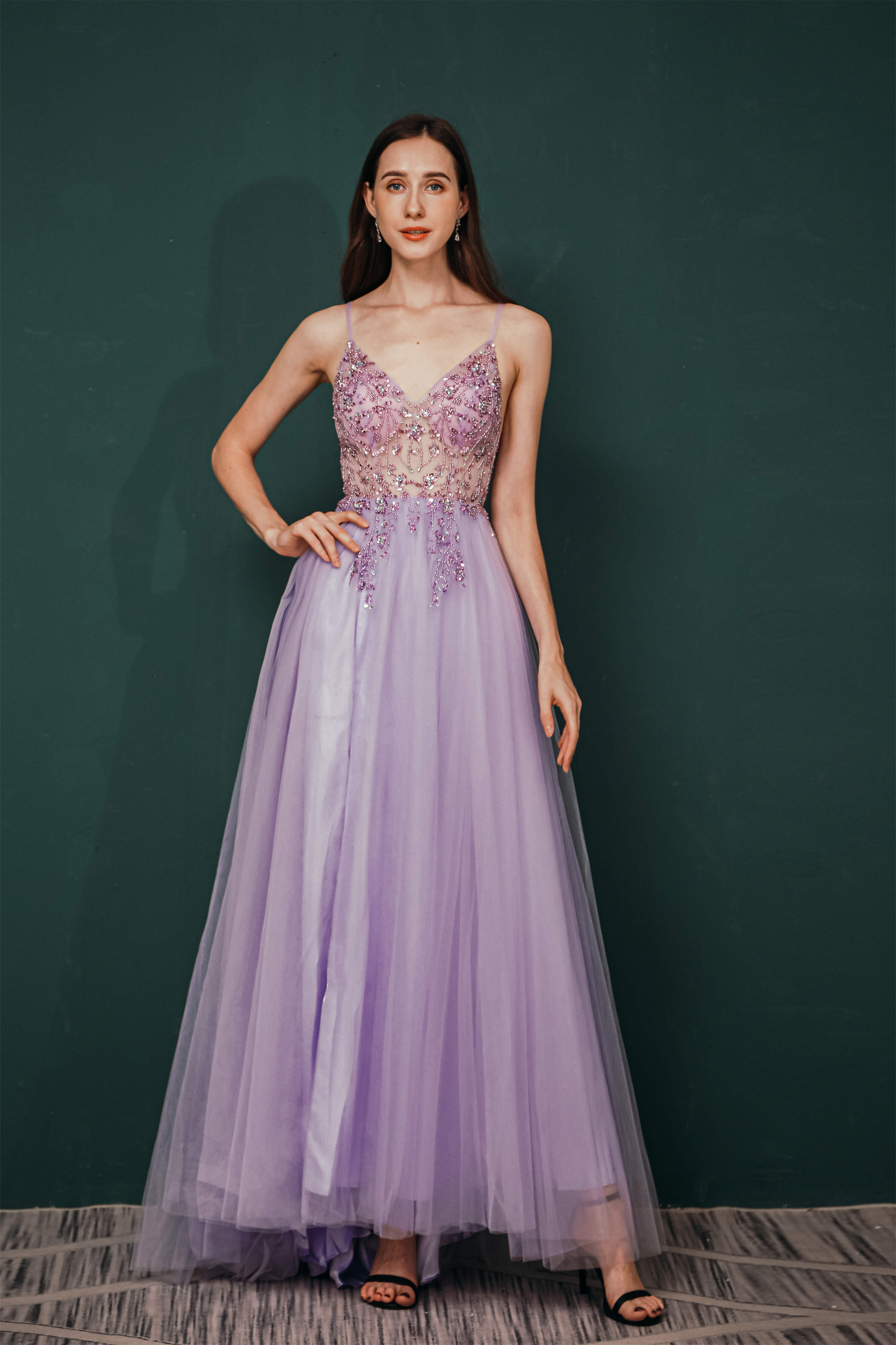 Party Dress Spring, Stunning Front Split Spaghetti Straps Long A Line Beaded Prom Dresses