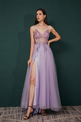 Party Dresses Vintage, Stunning Front Split Spaghetti Straps Long A Line Beaded Prom Dresses