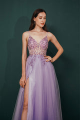 Party Dress Vintage, Stunning Front Split Spaghetti Straps Long A Line Beaded Prom Dresses