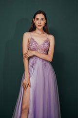 Party Dressed Short, Stunning Front Split Spaghetti Straps Long A Line Beaded Prom Dresses