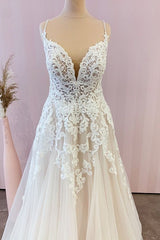 Wedding Dresses A Line, Stunning Long A-Line Spaghetti Straps Appliques Lace Tulle Wedding Dress