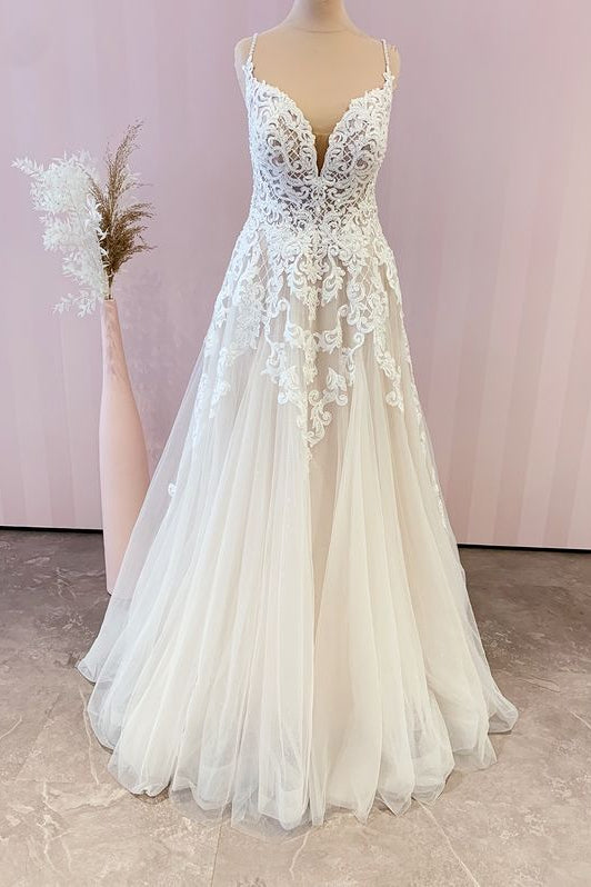 Wedding Dresses Online, Stunning Long A-Line Spaghetti Straps Appliques Lace Tulle Wedding Dress