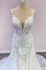 Wedding Dresses Bride, Stunning Long A-Line Tulle Sweetheart Appliques Lace Wedding Dress