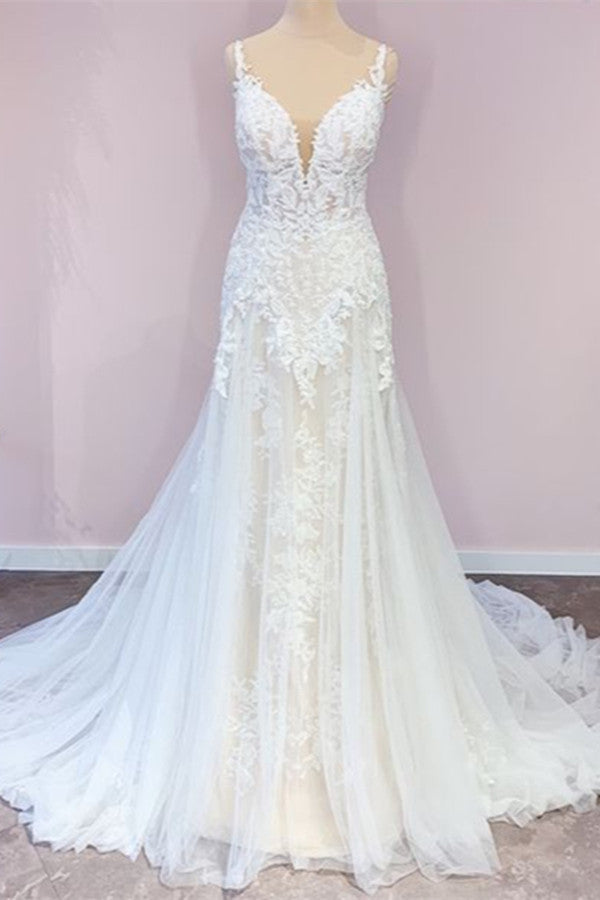 Wedding Dresses Dress, Stunning Long A-Line Tulle Sweetheart Appliques Lace Wedding Dress