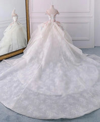 Wedding Dress White, Stunning Off The Shoulder Flower Ball Gown Lace Wedding Dress
