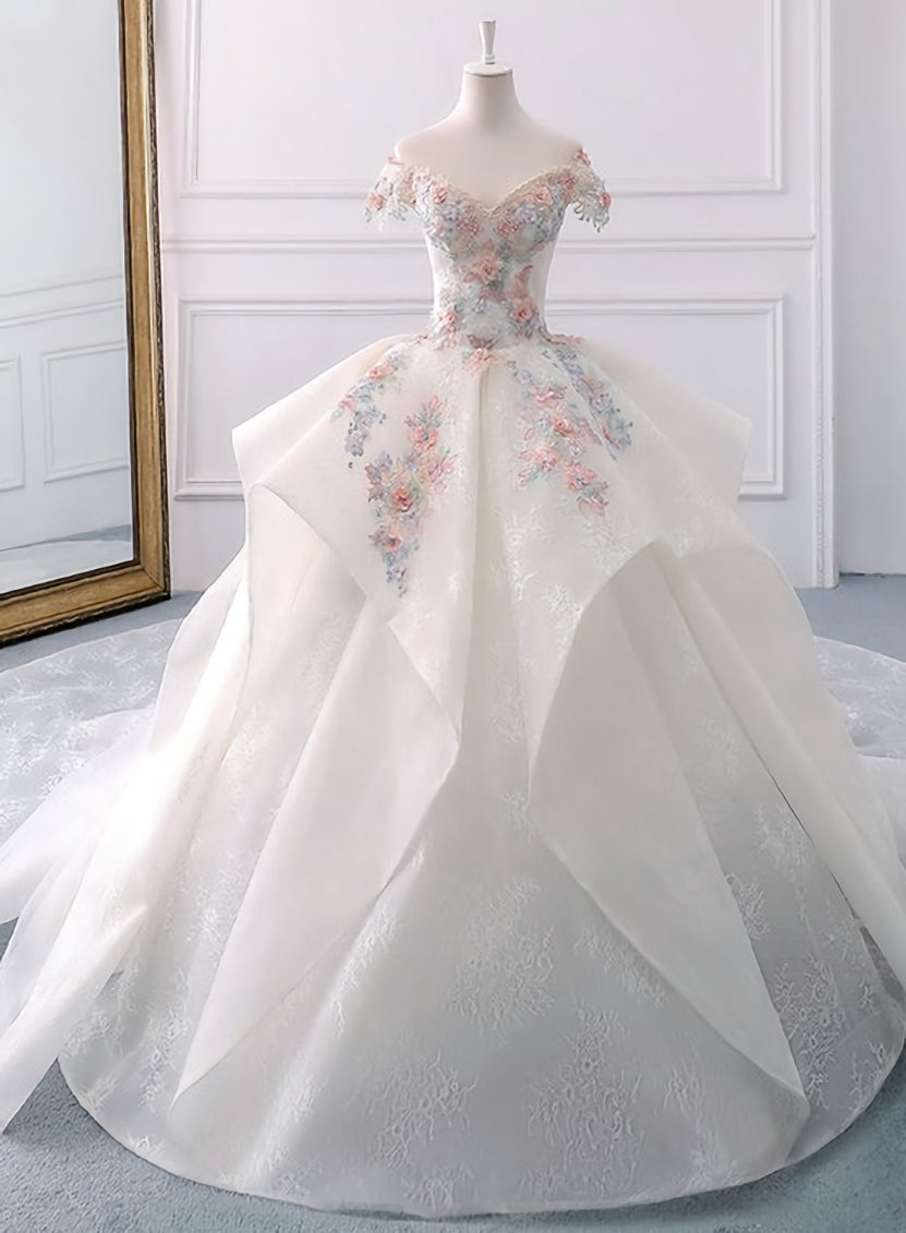 Wedding Dress Fall, Stunning Off The Shoulder Flower Ball Gown Lace Wedding Dress