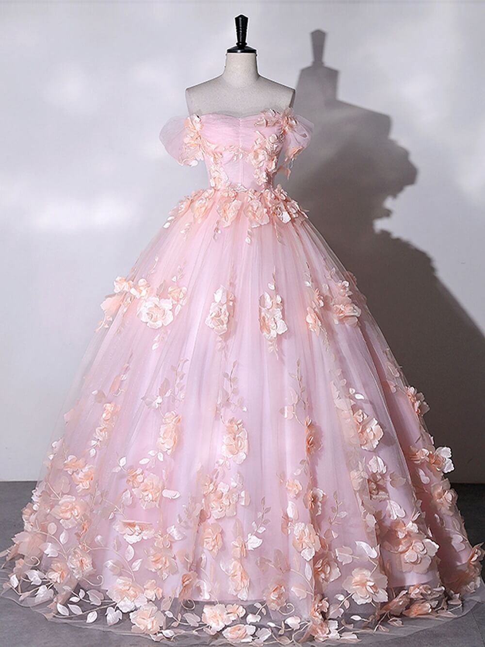 Bridesmaid Dress Champagne, Stunning Pink Floral Off the Shoulder Prom Dresses Ball Gown Quinceanera Dress