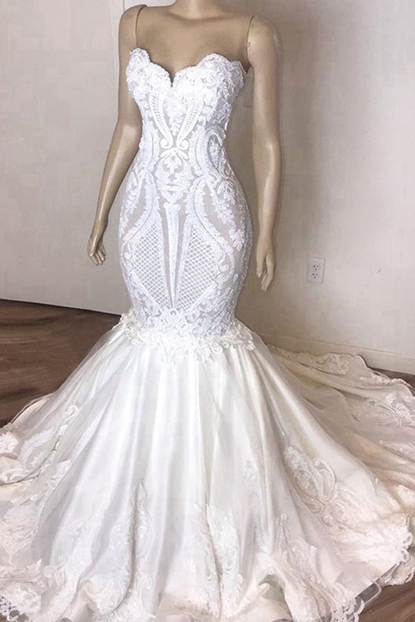 Wedding Dresses Princess, Stunning Strapless Mermaid White Beach Wedding Dress Modern Low Back Bridal Gowns on Sale