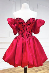 Bridesmaid Dresses Vintage, Stylish A Line Off the Shoulder Red Short Homecoming Dress with Crystal