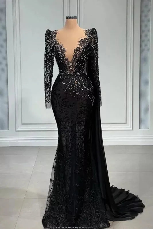 Party Dress Renswoude, Stylish Black A-line Mermaid Evening Dress Deep V-Neck Beadings Long Sleeves Prom Dress