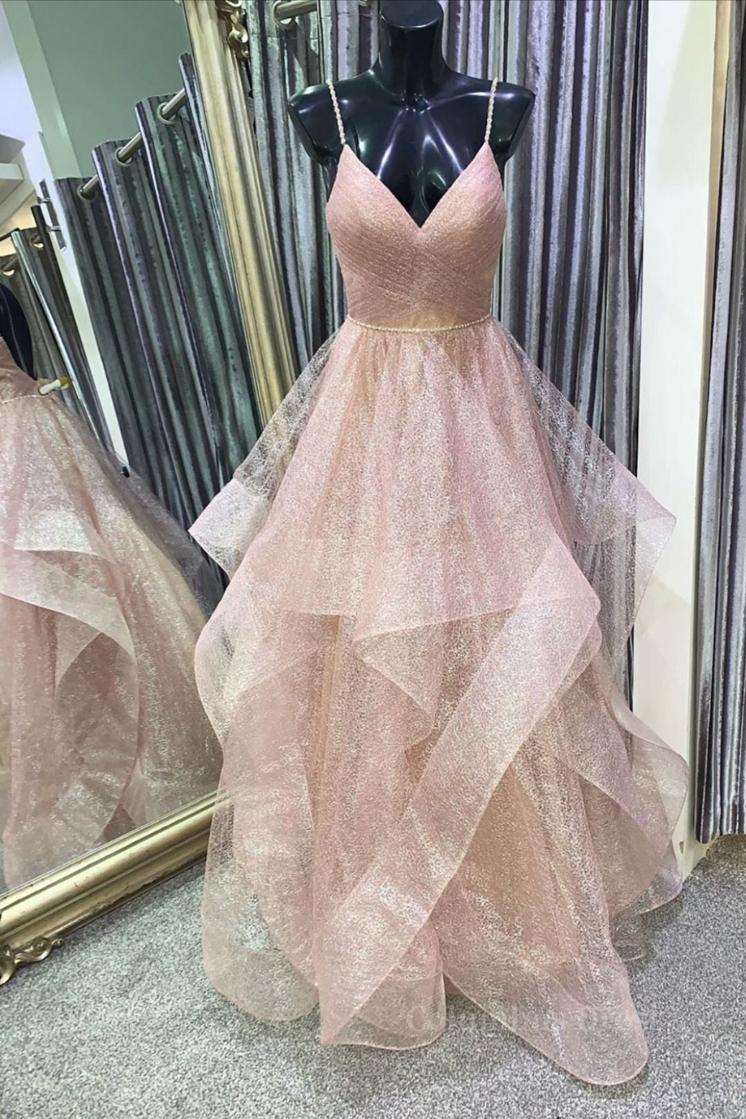 Casual Gown, Stylish V Neck Backless Rose Gold Long Prom Dress, Backless Rose Gold Formal Dress, Fluffy Rose Gold Evening Dress