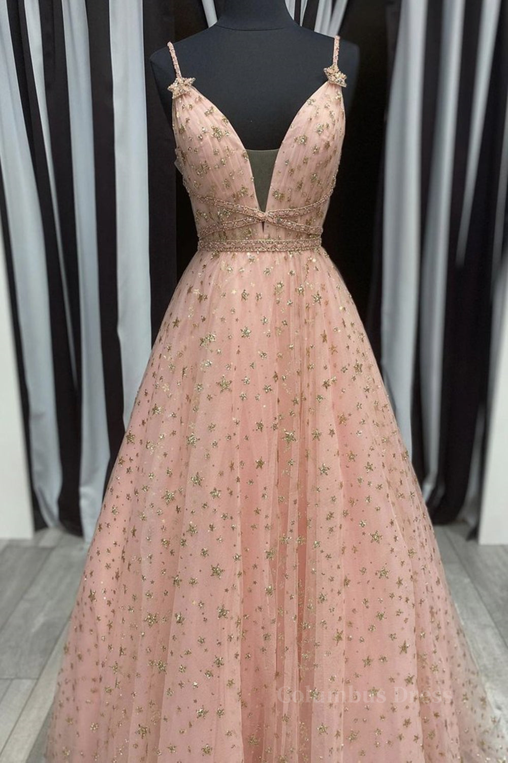 Evening Dresses Vintage, Stylish V Neck Pink Long Prom Dress with Stars Sequins, Long Pink Formal Evening Dress