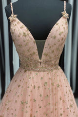 Evening Dress Fitted, Stylish V Neck Pink Long Prom Dress with Stars Sequins, Long Pink Formal Evening Dress