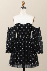 Formal Dress For Wedding Reception, Sweetheart Black A-line Stars Short Dress with Puffy Sleeves