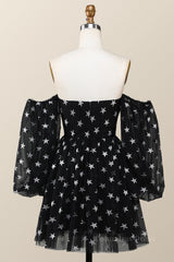 Formal Dresses For Wedding Guest, Sweetheart Black A-line Stars Short Dress with Puffy Sleeves