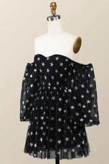 Formal Dresses For Weddings Guest, Sweetheart Black A-line Stars Short Dress with Puffy Sleeves